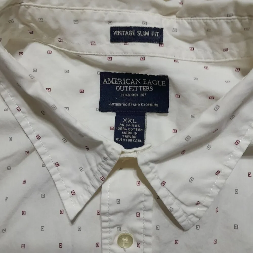 American Eagle VTG Slimfit White - small squares Short Sleeve Shirt - Men's XXL - Picture 3 of 5